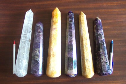 photo - 6 different quartz crystal wands (clear, amethyst and citrine)